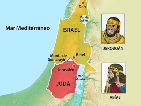 Sus hombres y él se pararon en el  monte Zemaraim observando desde arriba el poderoso y gran ejército del Rey Jeroboam. – Número de diapositiva 8