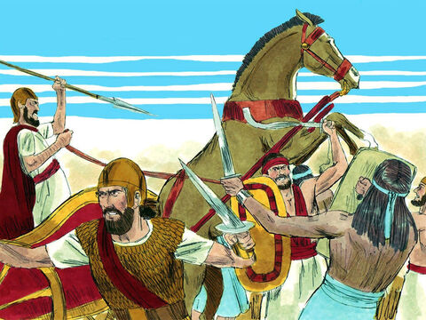Al grito de guerra, Dios ayudó al ejército de Judá a superar completamente al ejército de Israel. Jeroboam y sus tropas de guerra huyeron y sufrieron 500,000 bajas. – Número de diapositiva 17