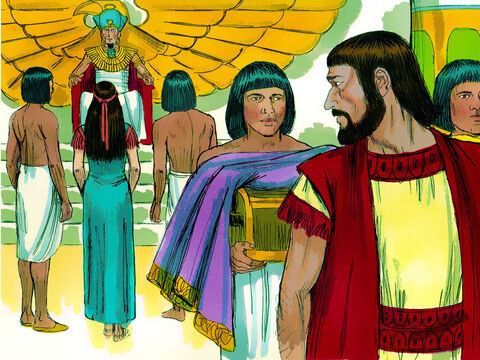 Los oficiales del Faraón le dijeron lo hermosa que era la “hermana” de Abram, Sarai y él la trajo a su palacio. Le dio a Abram ganado, burros, sirvientes y regalos. – Número de diapositiva 15