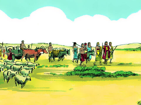 Ellos se dirigieron de regreso a Canaán con el ganado, los sirvientes y los regalos que Faraón les había dado. – Número de diapositiva 18