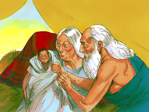 Aún así el Señor fue bueno con Sara y cumplió su promesa. El próximo año milagrosamente, Abraham y Sara tuvieron un hijo. – Número de diapositiva 4