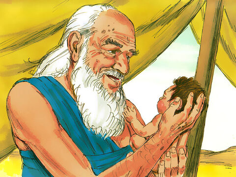 Abraham, quién ahora tenía 100 años, le puso a su hijo el nombre “Isaac”. Isaac  significa “él ríe”. Abraham vio crecer a su hijo amorosamente desde que era un bebe hasta que fue un niño pequeño. – Número de diapositiva 5