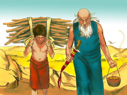 Abraham tomo la madera de la ofrenda y se la dio a Isaac para que la cargara mientras él llevaba el fuego y el cuchillo. – Número de diapositiva 9