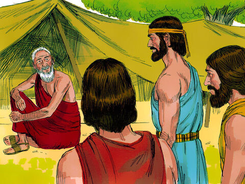 Mientras Abraham estaba sentado cerca de la entrada de su tienda cerca del gran árbol en Mamre, miró hacia arriba y vio a tres hombres parados cerca. La Biblia dice que uno de ellos era el Señor. – Número de diapositiva 1