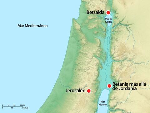 Al día siguiente, Jesús viajó de Betania a Betsaida, a orillas del lago de Galilea. Fue la ciudad natal de Andrés y Pedro. – Número de diapositiva 7