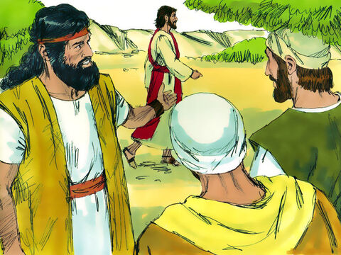 Al día siguiente, cuando Juan estaba con dos de sus discípulos, Jesús pasó. Juan lo miró intensamente y luego declaró: “¡Miren! ¡Ahí está el Cordero de Dios!” – Número de diapositiva 2