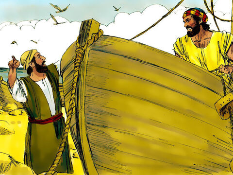 Andrés fue a buscar a su hermano Simón y le dijo: "¡Hemos encontrado al Mesías!". Y llevó a Simón al encuentro de Jesús. – Número de diapositiva 5