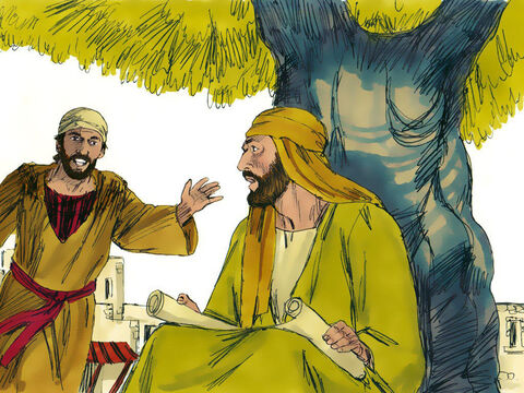 Felipe se fue a buscar a un amigo llamado Natanael. Estaba sentado a la sombra de una higuera. “¡Hemos encontrado al Mesías!' Felipe exclamó. ¡La misma persona de la que hablaron Moisés y los profetas! ¡Su nombre es Jesús, de Nazaret!” – Número de diapositiva 9