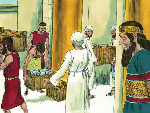 Al principio de su reinado, Asa había entregado plata y oro al tesoro del templo. Ahora dio órdenes de que tomaran el tesoro del templo, y que se recogiera oro y plata y se enviaran al rey Ben-Haddad de Aram como soborno. – Número de diapositiva 7