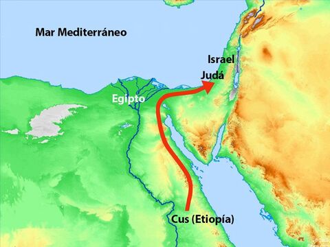 El rey Zera de Cus (actualmente se llama Etiopía) decidió marchar con su vasto ejército para atacar a Judá. – Número de diapositiva 6