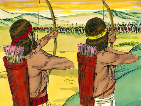 Comenzó la batalla. Los soldados del rey Asa con sus arcos, flechas y lanzas contra los carros y combatientes de Cus. – Número de diapositiva 12