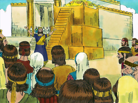 Animado por las palabras de Dios, Asa reparó el altar de Dios frente al templo. En el año 15 de su reinado, la nación se reunió en Jerusalén para adorar a Dios. Se sacrificaron 700 vacas y 7.000 ovejas y cabras saqueadas mientras la gente buscaba ansiosamente al Señor y lo encontraba. Hicieron un juramento de obedecer a Dios de todo corazón, gritando su promesa acompañada de trompetas y cuernos. – Número de diapositiva 18