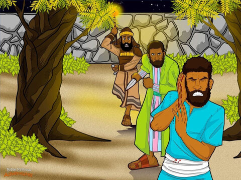 Entre los olivos, Judas y un grupo de sacerdotes y guardias del templo enviados por el sumo sacerdote se dirigían hacia Yeshua. El resplandor de sus antorchas iluminaba el huerto. Judas les había dicho: “El hombre a quien bese será el que buscáis”. Se acercó Yeshua y lo besó en la mejilla, diciéndole: “—Shalom a ti, maestro”. <br/>Yeshua miró quedamente a Judas: “¿Traicionas al Hijo del Hombre con un beso? Haz lo que tengas que hacer”. Los sacerdotes señalaban enfurecidos a Yeshua. “¡Detenedlo! ¡Capturad a ese hombre!”. Los discípulos contemplaban la escena incrédulos mientras los guardias cercaban a Yeshua. No entendían qué estaba sucediendo. Todavía pensaban que su maestro había venido para derrocar a los romanos y convertirse en rey de Israel. <br/>“¿Debemos pelear, maestro?”, le preguntaron. Sin esperar una respuesta, Pedro desenvainó su espada y descargó un mandoble feroz contra un sirviente del sumo sacerdote, cortándole una oreja. “¡Pedro, suelta esa espada!”, ordenó Yeshua. “Esto es lo que mi Padre desea que yo haga. Si hubiese necesitado ayuda, Él habría enviado a un ejército de ángeles ”. Seguidamente tocó la oreja al hombre herido y quedó curada.<br/>Luego Yeshua se volvió hacia los sacerdotes. “¿Venís a arrestarme como si fuera un ladrón? He estado enseñando en el templo todos los días, pero no me habéis apresado allí. Sin embargo, todo esto ha sucedido para que se cumpla la palabra de mi Padre”. – Número de diapositiva 10