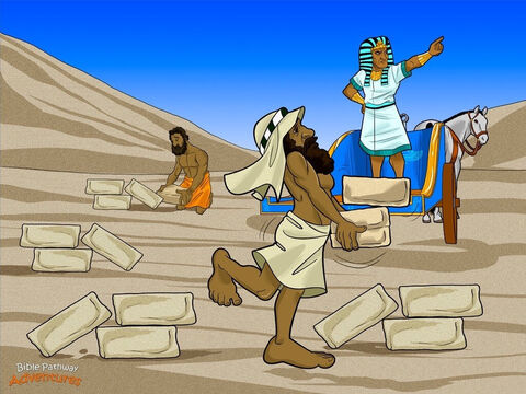 Cuando los hebreos llegaron a Egipto por primera vez, tuvieron una vida agradable. José, hijo de su líder Jacob, era un buen amigo del faraón. Pero tras la muerte de éste, sus sucesores no mostraron afecto hacia los hebreos. Los faraones hacían que los israelitas trabajaran muy duro, cada vez más y más; y éstos clamaban a Dios para que los salvara:<br/>“¡Dios, por favor, no te olvides de tu pueblo! ¡Sálvanos de este faraón malvado!”.<br/>Aunque no lo parecía, todo formaba parte de un plan divino. Dios no se había olvidado de la promesa que había hecho a Abraham de convertir al pueblo hebreo en una gran nación. Aunque Dios había permitido que los egipcios tomaran a los israelitas como esclavos, también tenía un plan para liberarlos; lo protagonizaría un bebé llamado Moisés, quien siendo adulto guiaría al pueblo hebreo fuera de Egipto. – Número de diapositiva 1