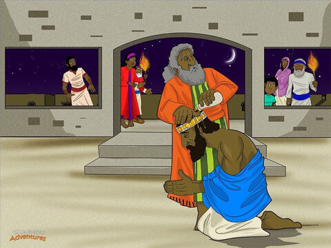 Para sorpresa de Samuel, Dios le dijo: “Escucha a tu pueblo y haz lo que te pide. Dales un rey, pero adviérteles lo que un rey les traerá”.<br/>“Un rey os hará tener vidas miserables,” dijo Samuel advirtió a la gente. “Reclamará la décima parte de las cosechas y del ganado, y os convertiréis en sus esclavos”. Pero, los israelitas se taparon los oídos, negándose a escuchar. “Danos un rey que nos gobierne”, decían.<br/>Samuel, no se atrevió a elegir un rey él mismo. Esperó a que Dios eligiera al hombre indicado. De las Doce Tribus de Israel, Dios escogió a un hombre llamado Saúl. Era alto y apuesto, exactamente como un rey.<br/>“Dios te ha nombrado rey de los israelitas,” dijo Samuel a Saúl. Y derramó aceite de oliva sobre la cabeza de Saúl para ungirlo como rey. “Tu misión será gobernar a este pueblo y protegerlo de sus enemigos”. – Número de diapositiva 2