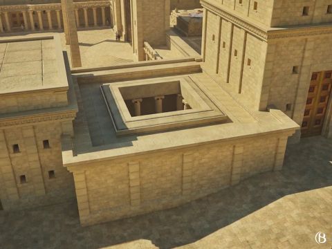 En la esquina noroeste se encontraba la “Cámara de los Leprosos”. Contaba con un mikve, un estanque de agua natural donde los israelitas sanaban de afecciones deformantes ritualmente impuras de la piel humana, conocidas en hebreo como tzar’at, y que se reunían con sus ofrendas al octavo día de su proceso de purificación. El término tzar’at se traduce frecuentemente como lepra, pero no es lo que hoy entenderíamos como lepra moderna (enfermedad de Hansen).<br/>Tras bañarse, los israelitas se presentaban ante un sacerdote en la Puerta de Nicanor para ser ungidos con la sangre y el aceite de sus ofrendas. Entonces eran declarados limpios de tzar’at. Los diez sanados de lepra por Jesús fueron enviados a presentarse ante el sacerdote y habrían realizado este ritual (Mateo 8:4; Marcos 1:44; Lucas 5:14). – Número de diapositiva 10