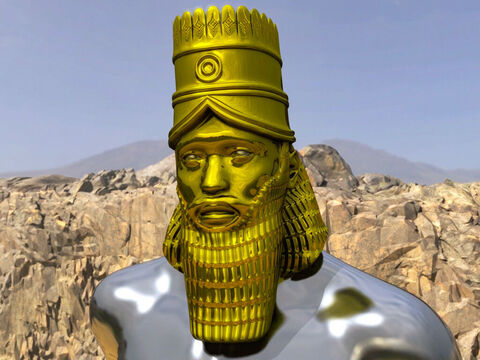 "La cabeza de la imagen era de oro puro."  Daniel explicaba que representaba el reino poderoso del Rey Nabucodonosor y el imperio babilonio. – Número de diapositiva 4