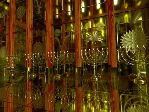 En el Tabernáculo había un candelabro de 7 brazos conocido como “menorá”. En el Templo de Salomón, había 5 de estos candelabros a cada lado del Recinto Sagrado, siendo 10 en total. – Número de diapositiva 7