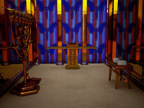 ‘... y coloca la mesa fuera de la cortina, en el lado norte del santuario. El candelabro lo pondrás frente a la mesa, en el lado sur.’ – Número de diapositiva 18
