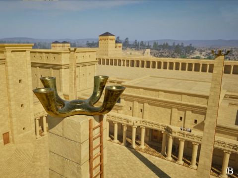 En la parte superior de cada candelabro había un cuenco de oro. Cuatro jóvenes de ascendencia sacerdotal subían por las escaleras de estos candelabros para colocar 9 litros (2,5 galones) de aceite. Para encender la leña se utilizaban mechas hechas con las vestiduras gastadas de los sacerdotes. – Número de diapositiva 17