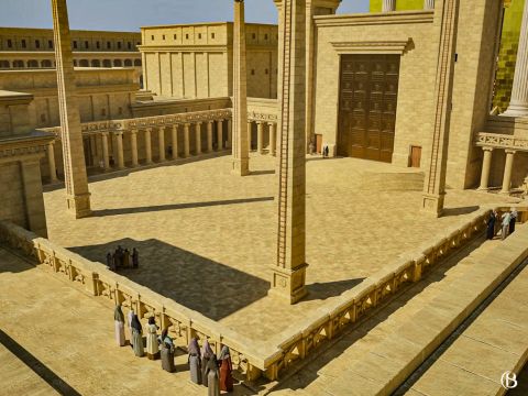 Alrededor del Patio de las Mujeres había una galería superior para las mujeres. Una norma judía, en aras de una separación completa, establecía que “las mujeres se sentarían arriba y los hombres abajo” (Sucá 51b). – Número de diapositiva 19