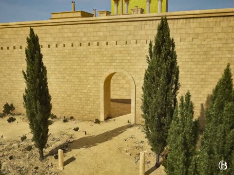 En este muro exterior había una entrada en forma de arco, conocida como la puerta de Miphkad. Por esta puerta el sacerdote conducía a la Novilla Roja hasta el monte de los Olivos para que fuera quemada como sacrificio. – Número de diapositiva 3