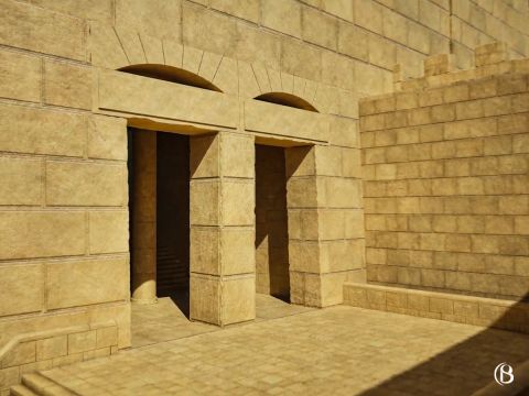 Había una escalera que conducía a la Puerta de Susa o Puerta Dorada. La Puerta Dorada actual se construyó en el período omeya (siglo VII d.C.) pero sobre los cimientos de la Puerta de Susa tal como era en tiempos de Jesús. Un arco de la antigua puerta se encuentra directamente debajo de la entrada bloqueada de la Puerta Dorada actual. El arqueólogo holandés Leen Ritmeyer llegó a la conclusión de que los dos enormes postes monolíticos que se ven en el interior de la puerta pertenecen a una antigua estructura de la puerta, que se cree que es la Puerta de Susa, que data del período del Primer Templo. – Número de diapositiva 6