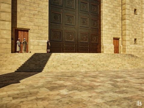 Aunque a la puerta de Nicanor a veces se la llama la “puerta Hermosa”, no es la puerta mencionada en Hechos 3:20. La ubicación más probable de la “puerta Hermosa” es la Puerta Doble en el muro sur.<br/>Frente a la puerta de Nicanor había 15 escalones en forma semicircular descritos en Middot 2.5 como “redondeados como la mitad de una era redonda”. – Número de diapositiva 2
