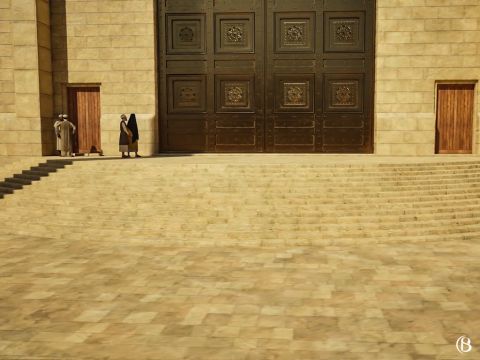 Frente a la puerta de Nicanor se celebraban muchos rituales importantes, como la purificación de los leprosos y la de las mujeres después del parto. Fue en esta puerta donde María y José habrían llevado al niño Jesús a Simeón mientras Ana observaba desde el patio de las mujeres. – Número de diapositiva 3