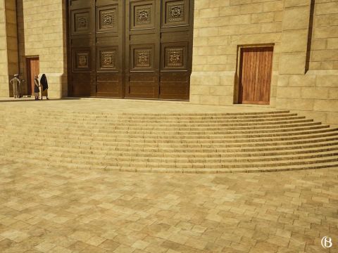 En la plataforma situada encima de los escalones y frente a la Puerta de Nicanor, los levitas a veces tocaban instrumentos y cantaban los Salmos 120 a 134, conocidos como los Salmos de los Escalones. Más del 10% de los 36.000 levitas tenían asignada la tarea de interpretar música en el Templo. Los comentarios judíos afirman que los levitas cantaban en la plataforma cerca del altar durante todo el año, pero durante la fiesta de Sucot cantaban desde los 5 escalones. – Número de diapositiva 4