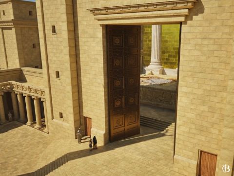 Para abrir las pesadas puertas se necesitaban veinte hombres. La Puerta de Nicanor se abría únicamente en Shabat, en festividades y en Rosh Chodesh. Si el rey estaba presente en el Templo, las puertas también se abrían en su honor. En todos los demás días, se utilizaban las puertas más pequeñas (a la izquierda y a la derecha de la Puerta de Nicanor). – Número de diapositiva 7