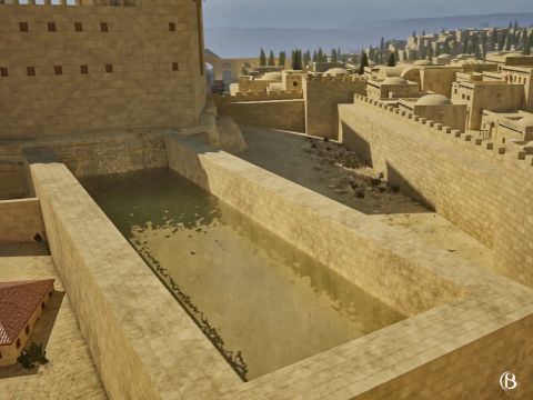 Adyacente a la fortaleza en la esquina noroeste estaba el estanque Strouthion que abastecía de agua a la fortaleza. Durante el asedio de Jerusalén en el año 70 d.C., los romanos construyeron una rampa de asedio en este estanque para acceder a la fortaleza y al Monte del Templo. – Número de diapositiva 3