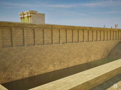 En el extremo oriental del muro norte estaba el Estanque de Israel (o Birket Israil). Se trataba de un aljibe público construido por los romanos para su uso como depósito de agua.<br/>Formó el embalse más grande de Jerusalén, midiendo 109,7 m (360 pies) por 38,4 m (126 pies) con una profundidad máxima de 26 m (85 pies). – Número de diapositiva 14
