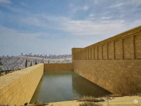 La cisterna tenía una capacidad total de 120.000 metros cúbicos y durante siglos formó parte del sistema de almacenamiento de agua de lluvia de Jerusalén. El estanque también sirvió como foso, protegiendo el muro norte del Monte del Templo, defensivamente vulnerable. – Número de diapositiva 15