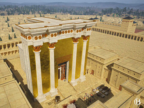 El santuario del templo tenía 52 m (172 pies) de largo, ancho y alto. Había 12 escalones hasta el porche (o ulam). La entrada al templo estaba revestida de oro. – Número de diapositiva 16