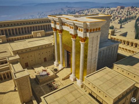 La fachada del Santuario estaba cubierta con enormes placas de oro. Josefo comenta: “Apenas salía el sol, irradiaba un destello tan intenso que quienes se esforzaban por mirarlo se veían obligados a apartar la vista, como si fueran los rayos del sol”.<br/>El Santuario medía 100 codos (52,5 m, 172 pies) de largo, ancho y alto. – Número de diapositiva 2
