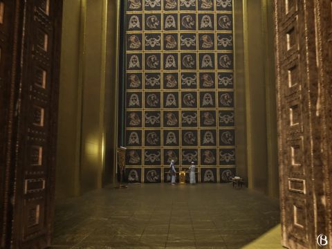 La entrada al Templo medía 20 codos de alto y 10 codos de ancho (10,5 m x 5,25 m, 34 pies x 17 pies). Un juego de puertas estaba en el exterior y otro en el interior. Cada puerta tenía mitades plegables que, al plegarse, encajaban en los huecos del muro de 6 codos (3,1 m, 10,3 pies) de espesor. – Número de diapositiva 12