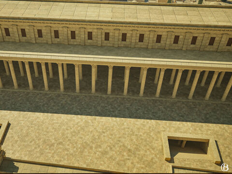 La salida de la Puerta Doble al Monte del Templo estaba frente a la columnata conocida como la Estoa Real. Esta columnata tenía cuatro filas de columnas corintias de mármol blanco: un total de 162 columnas. Los techos eran de madera tallada. – Número de diapositiva 19