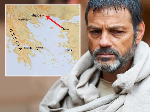 En Troas, Pablo tuvo una visión de un hombre de Macedonia que le suplicaba que fuera a ayudarlos. Así que navegaron hacia la costa de Macedonia. – Número de diapositiva 2