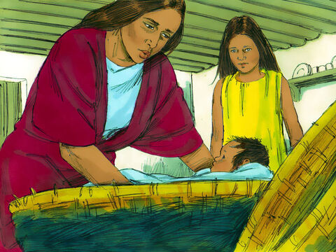 Ella puso al bebé en la cesta y lo llevó hacia el río Nilo. Su pequeña hija le ayudó. – Número de diapositiva 16