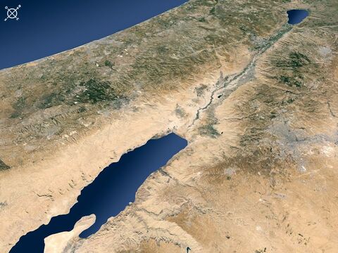 El valle del Jordán, las colinas centrales y la llanura costera vistos desde el sureste, sobre el Mar Muerto. – Número de diapositiva 3