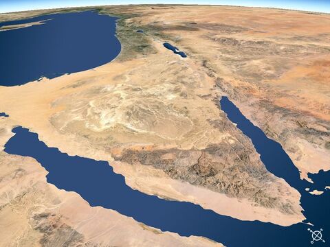La península del Sinaí vista desde el suroeste. El Golfo de Suez al oeste y el Golfo de Aqaba al este desembocan en el Mar Rojo. – Número de diapositiva 11