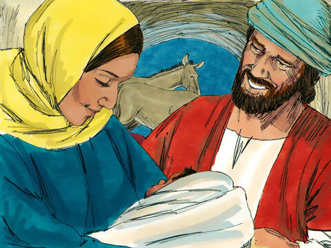 Esa noche María dio a luz a su hijo primogénito. Ella lo envolvió en pañales y lo colocó en un pesebre. – Número de diapositiva 15