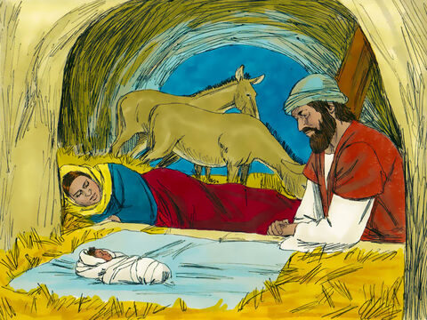 María dio a luz a Jesús en el establo de una posada, lo envolvió en pañales y lo acostó en un pesebre. – Número de diapositiva 1