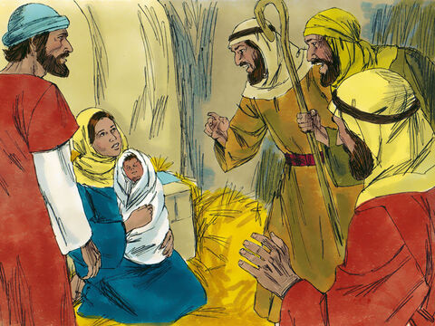 Ellos corrieron a Belén y encontraron a María y José. Y allí estaba el bebé, acostado en el pesebre. – Número de diapositiva 7