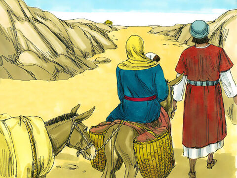 Durante la noche José se levantó y se fue de Belén con María y el niño Jesús. Ellos se dirigieron hacia el sur en el largo viaje a Egipto. – Número de diapositiva 11