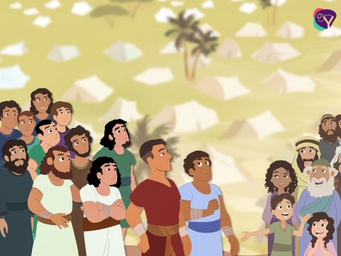 Diez de los espías informaron: “Estas personas son gigantes, como gigantes son sus frutos. Son extremadamente poderosas. No tenemos ninguna posibilidad contra ellos”.<br/>Mientras hablaban, la gente estaba tan aterrorizada que comenzó a llorar y a perder la fe en el plan de Dios de darles la tierra. – Número de diapositiva 5