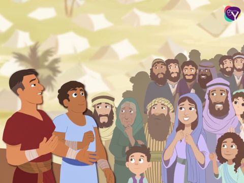 Dos de los espías, Josué y Caleb, dieron un informe diferente. Se levantaron, rasgaron sus vestiduras y comenzaron a hablar al pueblo: “Hermanos, escúchennos. Canaán es una tierra verdaderamente maravillosa. Si el Señor se complace en nosotros, nos dará esta tierra, una tierra fértil que mana leche y miel. Pero esto solo sucederá si no nos rebelamos contra Dios”. – Número de diapositiva 7