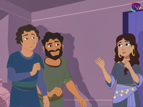 Después de que se fueron, subió al tejado donde había escondido a los espías. “He oído hablar De su Dios. Todos hemos oído hablar de Él”, dijo con voz temblorosa. “He oído cómo salisteis de Egipto, cómo su Dios secó el Mar Rojo y cruzasteis por tierra firme. Sé cómo Dios les dio la victoria y no hay Dios como su Dios. Él es el Señor del cielo y la tierra y les ha dado esta tierra. Toda Jericó está aterrorizada y tiembla ante ustedes por esto”.<br/>Rajab continuó: “Les pido una cosa. Por favor, júrenme que me mostraréis a mí y a mi familia la misma bondad que yo les he mostrado a ustedes, cuando vengan a conquistar Jericó”. – Número de diapositiva 12