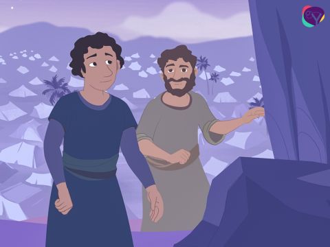 Después de tres días de estar escondidos en el bosque, bajaron de las montañas, cruzaron el río Jordán y llegaron hasta Josué y el pueblo de Israel. – Número de diapositiva 15